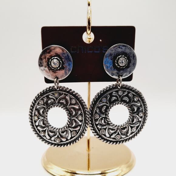 Chico’s Silver Tone Rhinestone Dangle Earrings on Card, 2⅜" Statement Posts - Picture 4 of 6